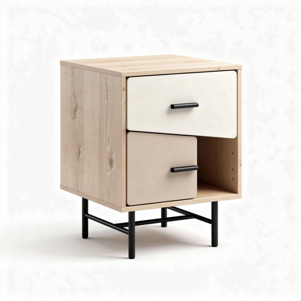 Comodino in legno chiaro con due cassetti 40 x 40 x 50cm con struttura in metallo nero